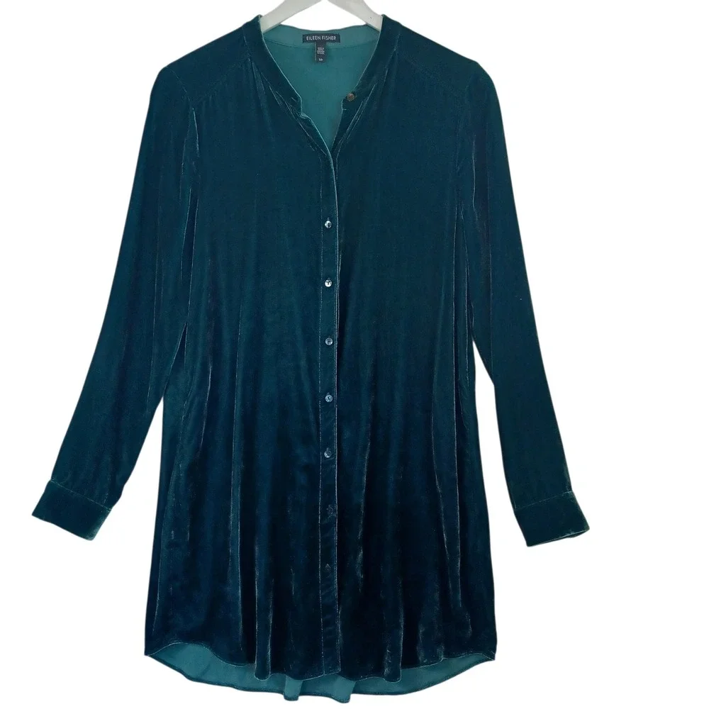 Eileen Fisher Velvet Mandarin Collar Button Front‎ Shirt Dress Size Sm Teal